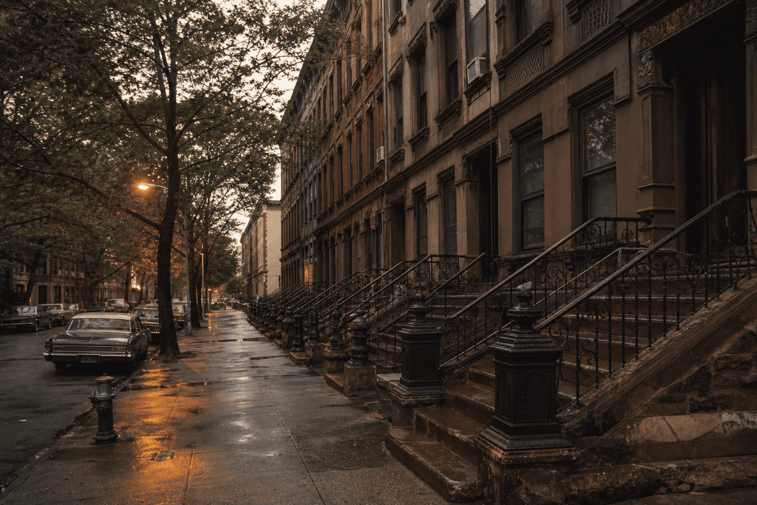Late-1970s Crown Heights brownstone block on Sterling Place after rain