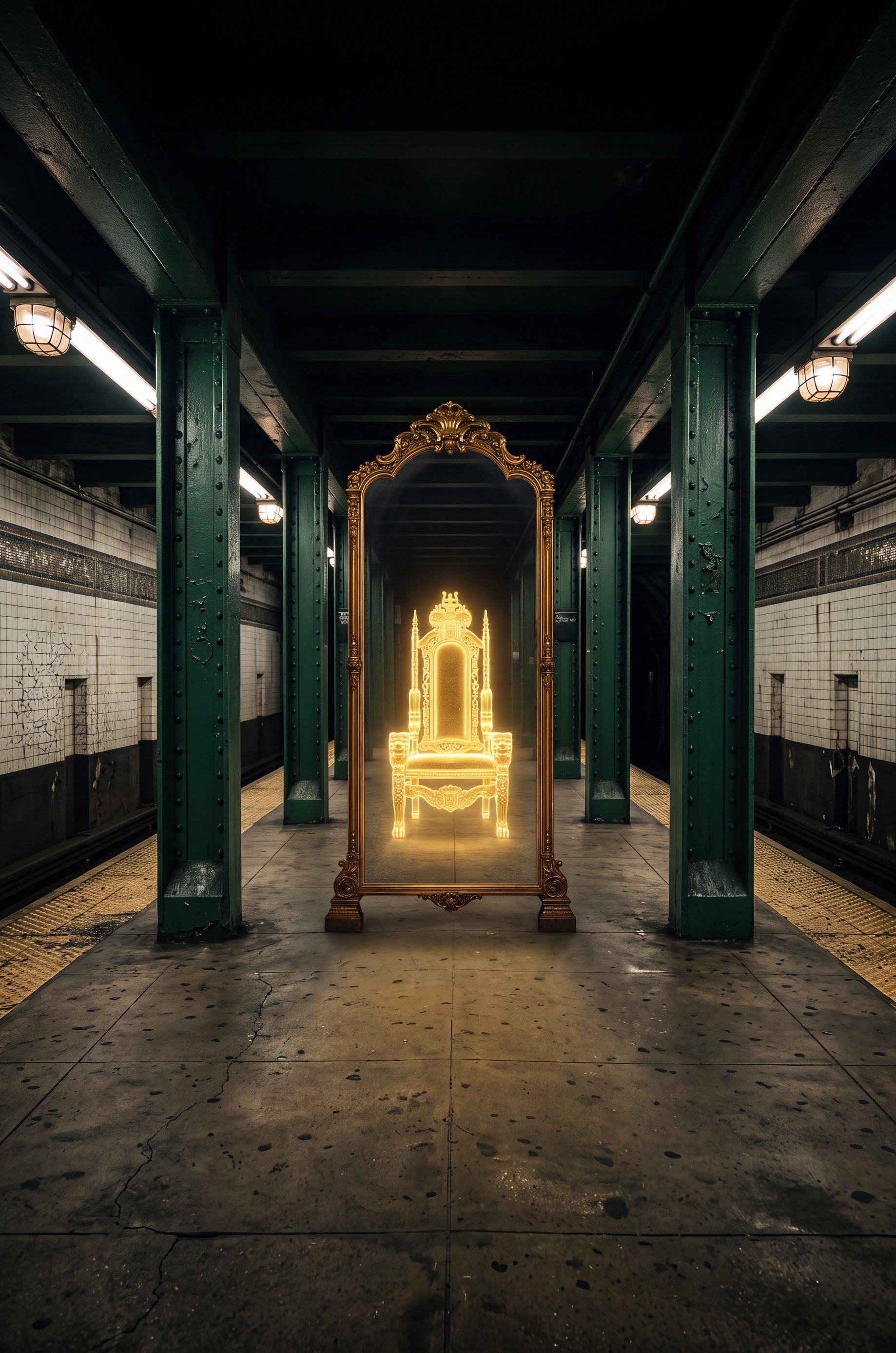 Green subway platform with throne reflected in a gilded mirror